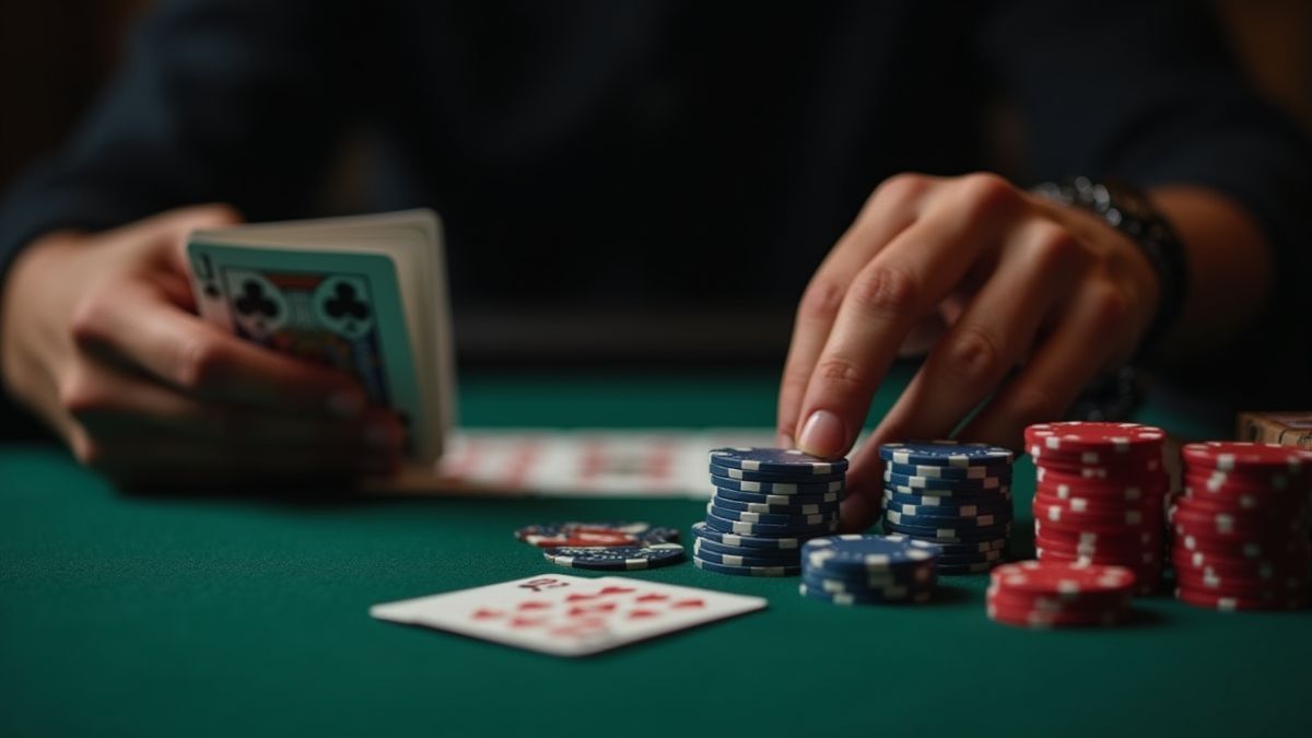 Poker-Spieler plant seine Strategie mit Karten und Chips.
