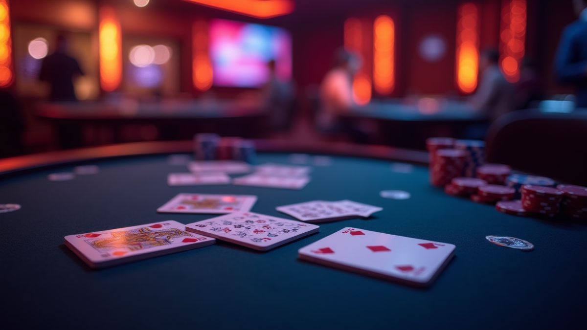 Table de poker avec cartes et jetons dans un casino illuminé.