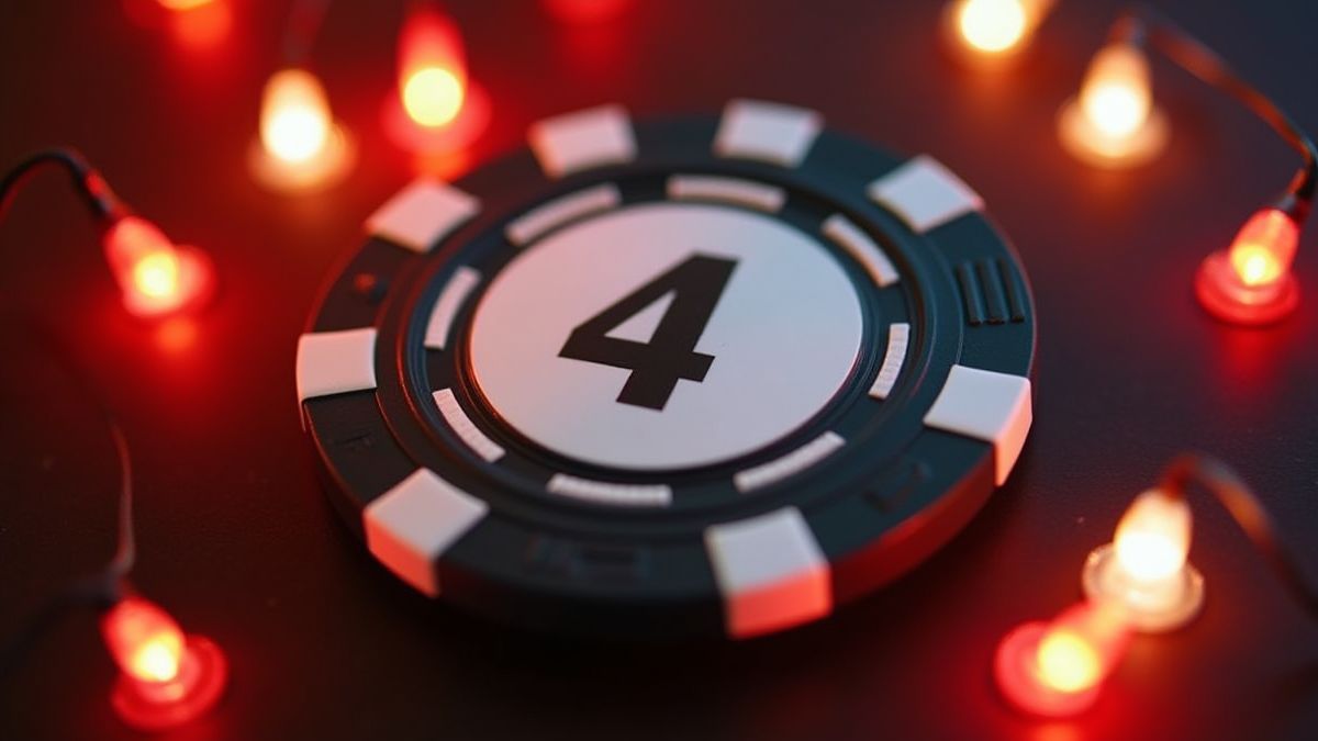 Poker chip with the number 4 under bright casino lights.