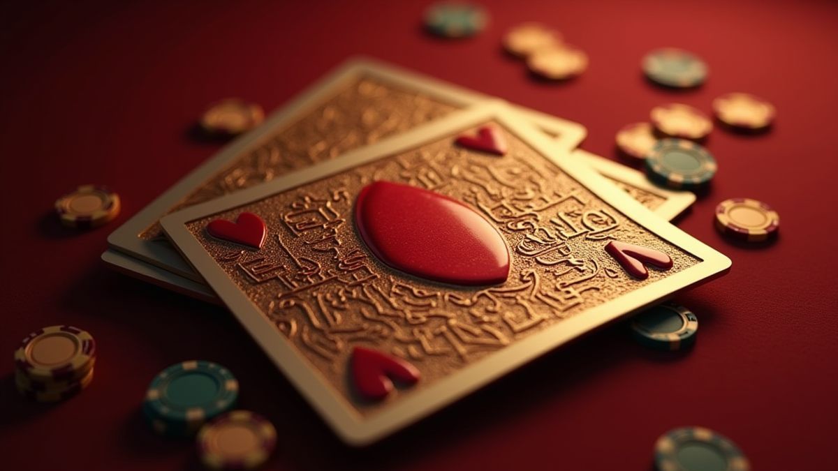 Gold and red poker card with casino chips around.