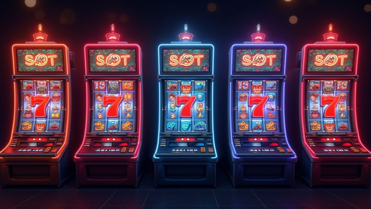 Multiple slot screens with colorful and retro design.