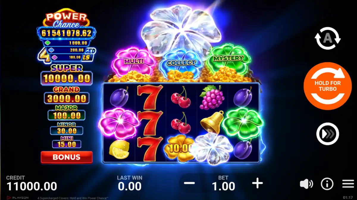 Pantalla del juego base de 4 Supercharged Clovers: Hold and Win Power Chance
