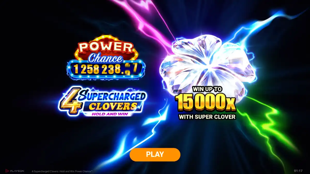 Diapositiva introductoria de 4 Supercharged Clovers: Hold and Win Power Chance