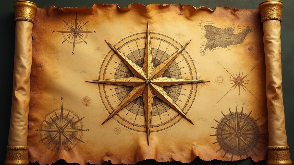 Alter Schatzkarte mit dekorativer Kompassrose und goldenen Akzenten.