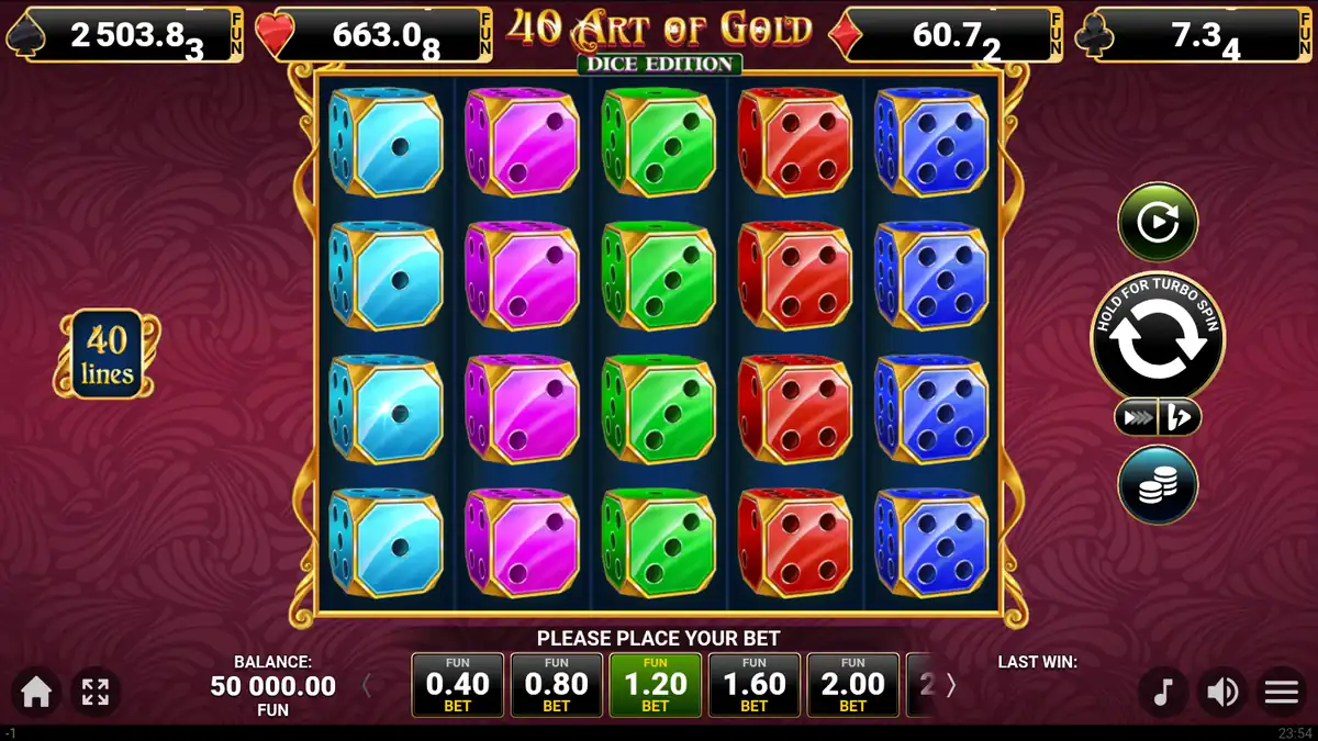 Pantalla del juego base de 40 Art of Gold Dice Edition