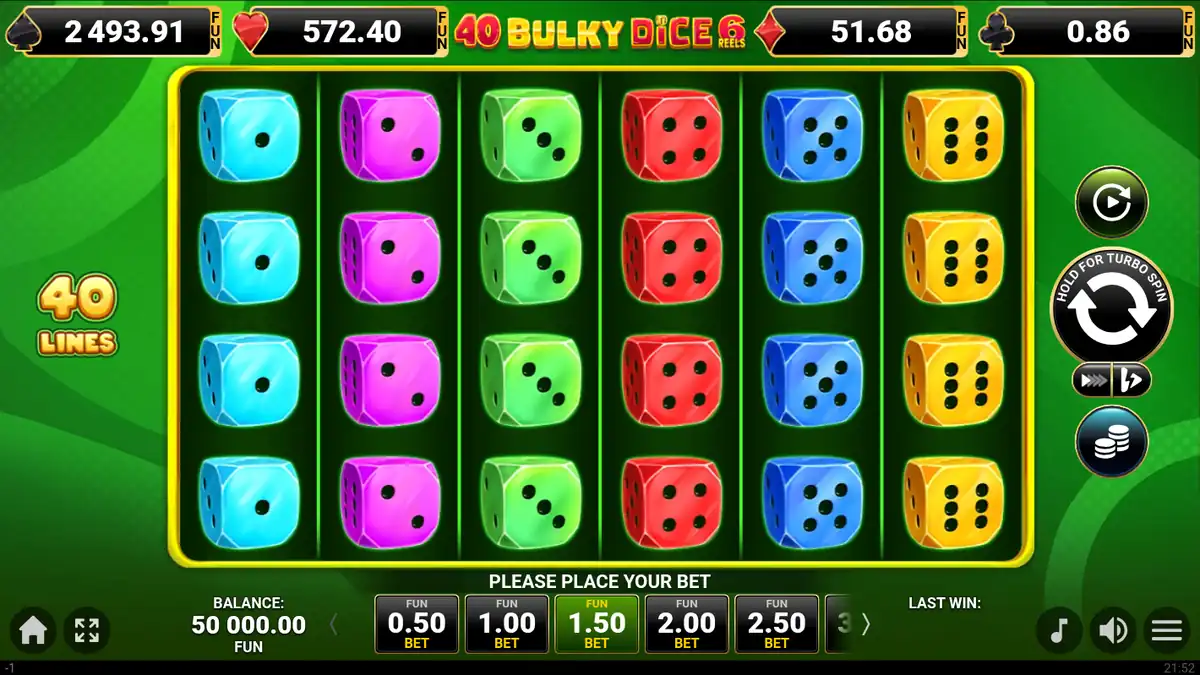 Pantalla del juego base de la tragaperras 40 Bulky Dice 6 Reels