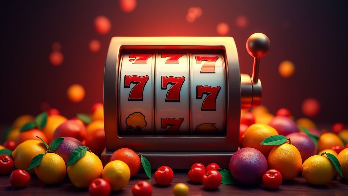 Slot machine surrounded by colorful fruits in a retro casino.