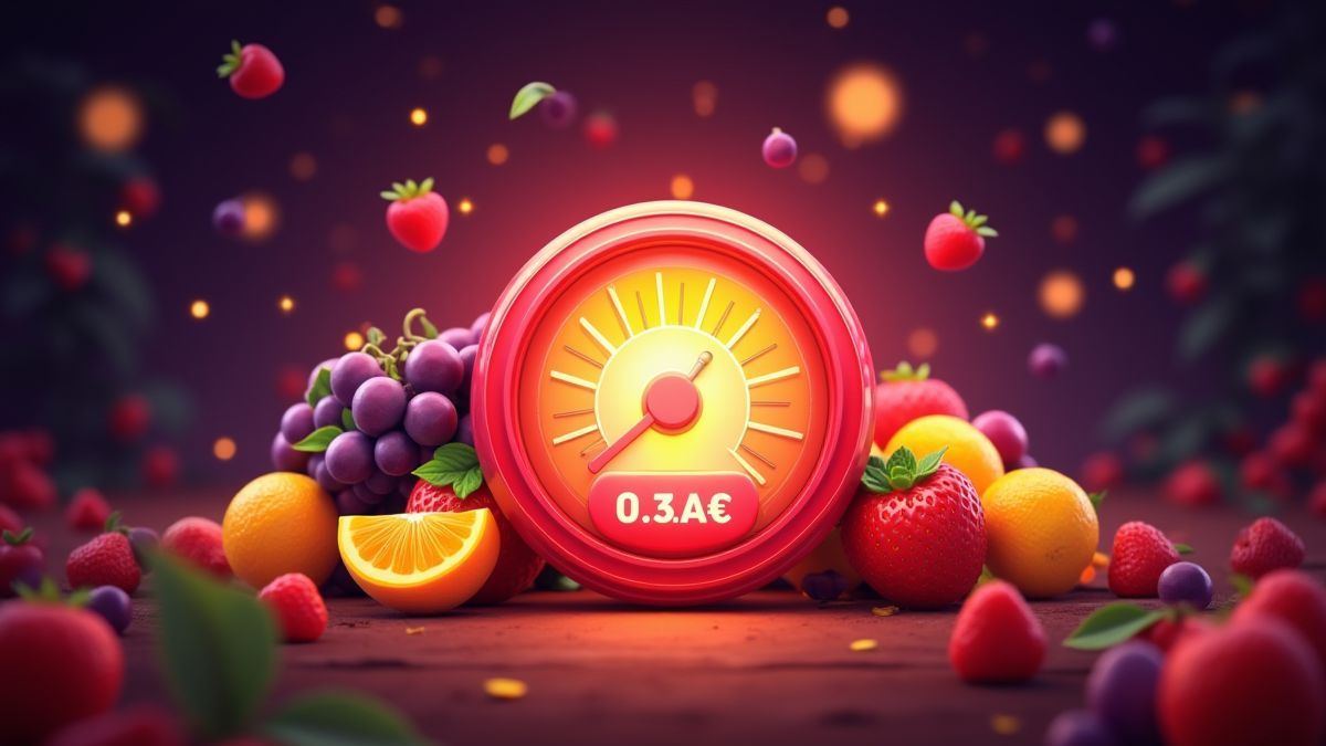 Vibrant animation of fruits and a bright jackpot meter.