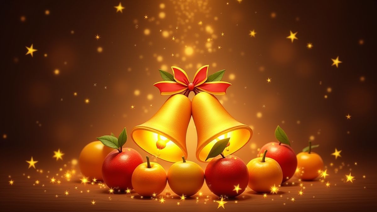 Campanas douradas brilhantes rodeadas de estrelas e frutas.