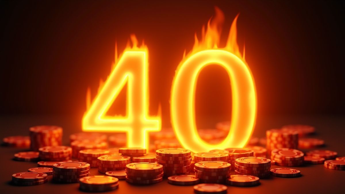 Nummer 40 umgeben von Münzen und Casino-Chips inmitten von Flammen.