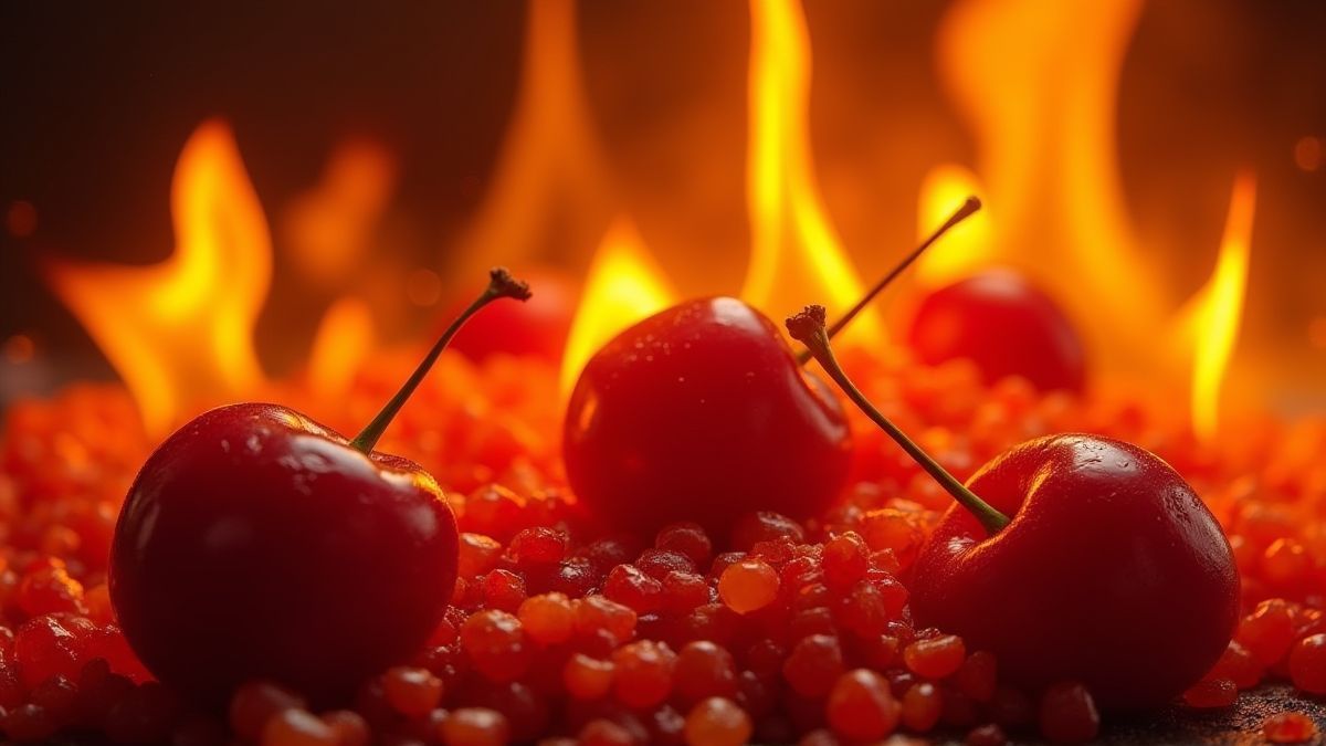 Brennende Früchte umgeben von Flammen.