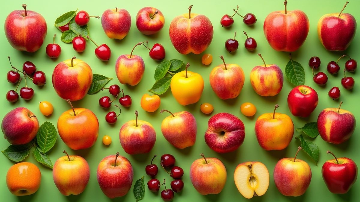 A colorful grid filled with fruits like cherries, peaches, and apples on a green background.