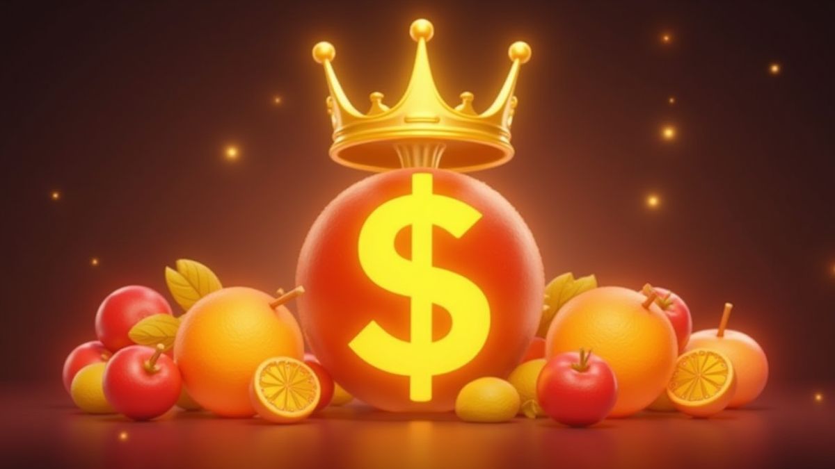 A golden crown and a dollar symbol surrounded by glowing fruits.