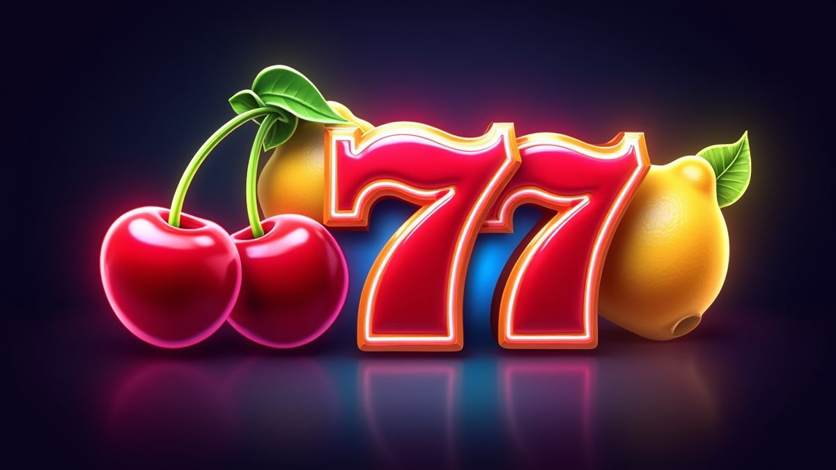 Frutas e sevens em um design de luzes de néon