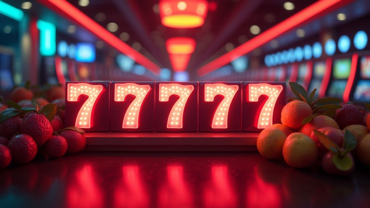 Cena de cassino retrô com frutas e sevens