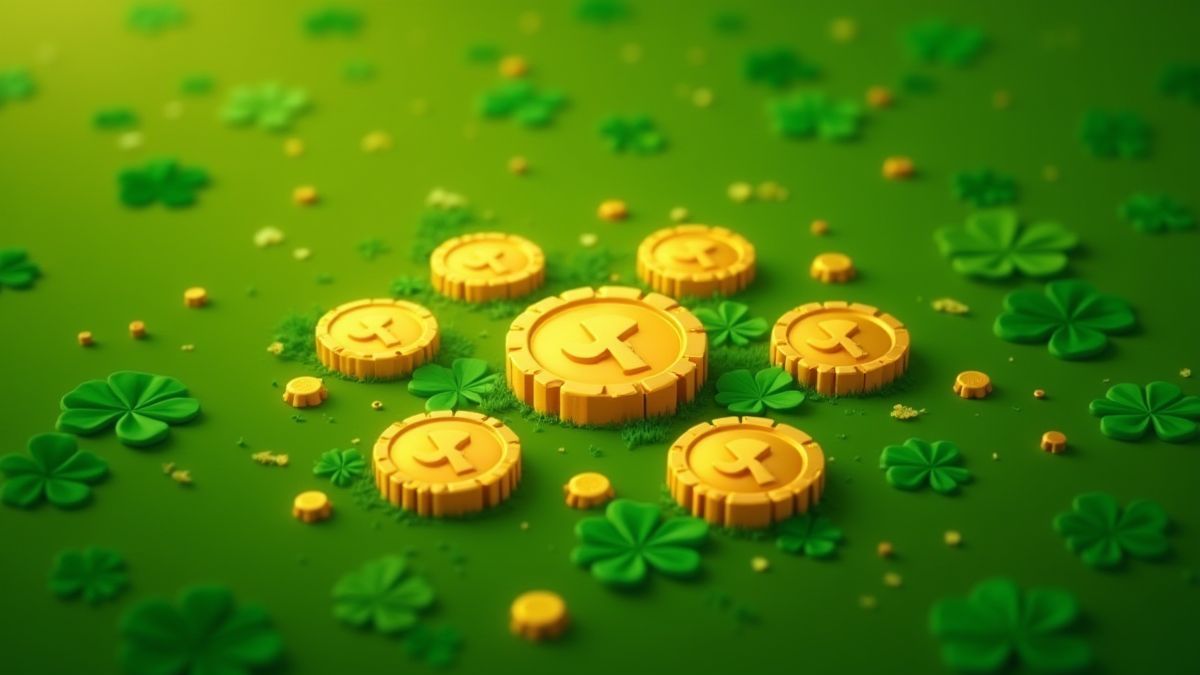 Moedas douradas espalhadas sobre um campo de trevos verdes.