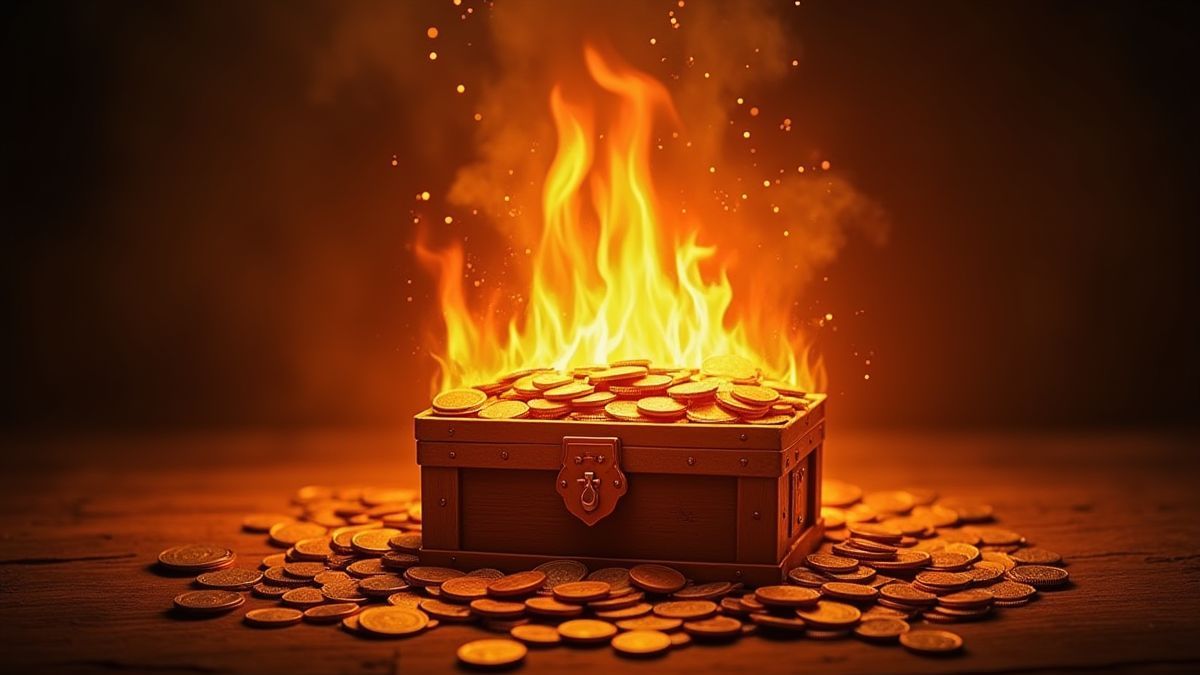 Ein Schatztruhen, umgeben von Flammen und goldenen Münzen.