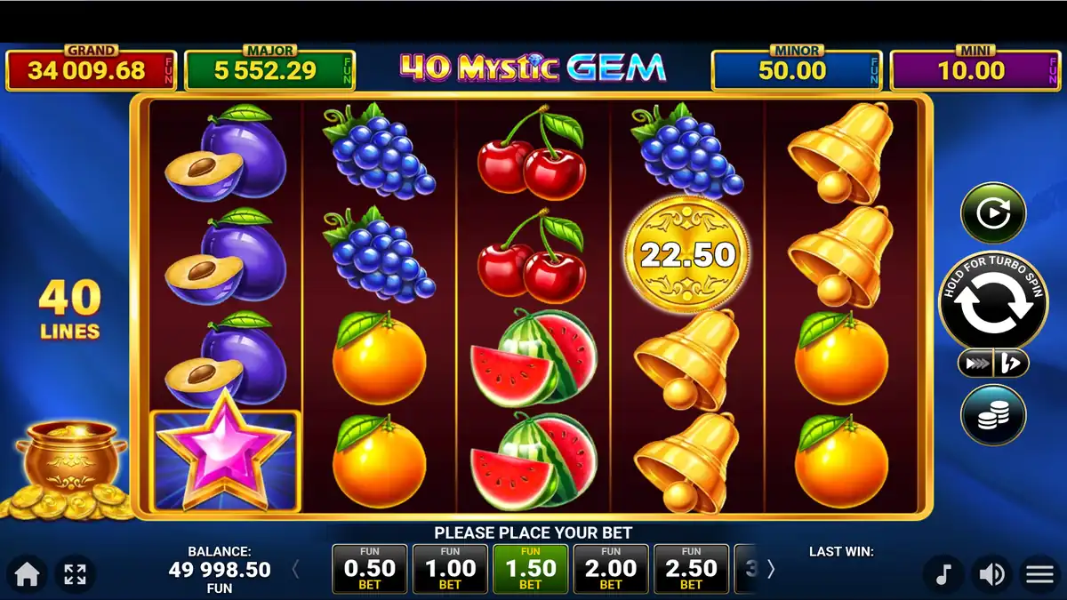 Écran du jeu de base de 40 Mystic Gem Golden Coins Link