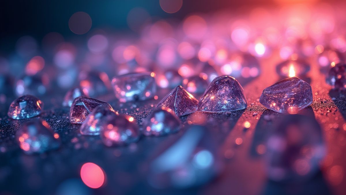 Una imagen cercana de gemas brillantes bajo luces intensas.
