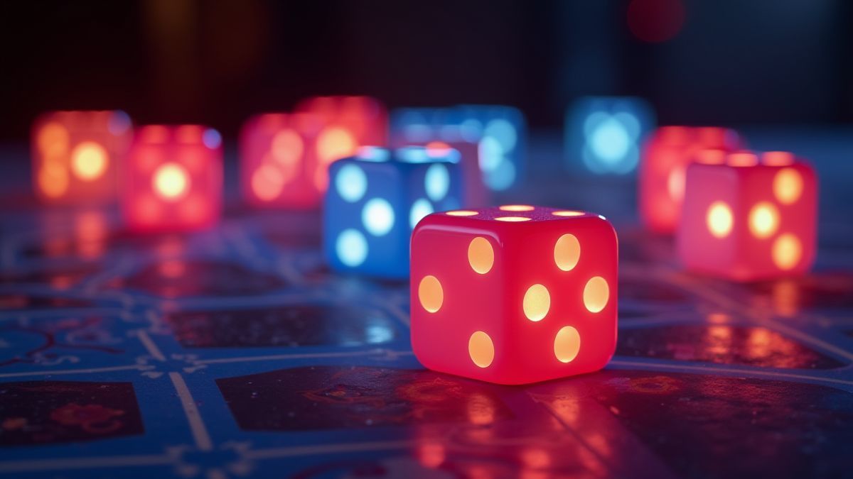 Dados coloridos em uma mesa de cassino iluminada.