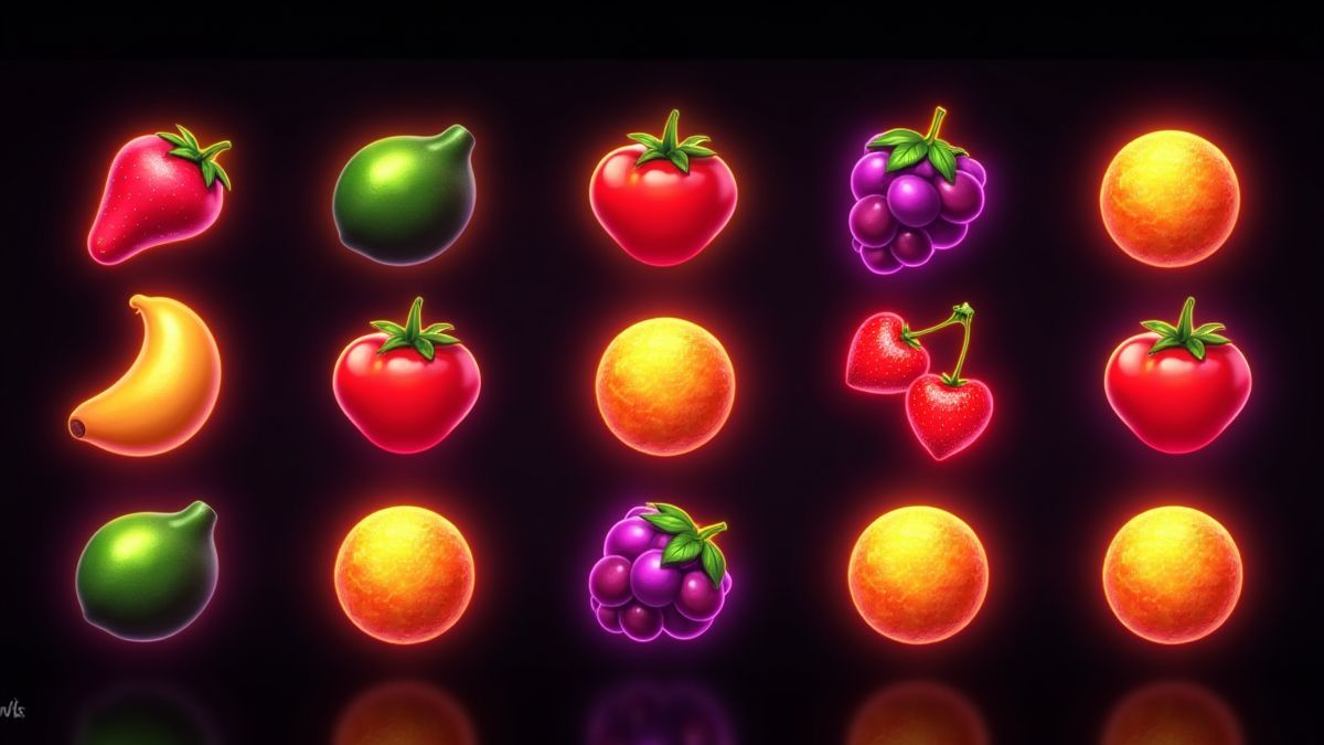 Símbolos de frutas brilhantes em um fundo negro.