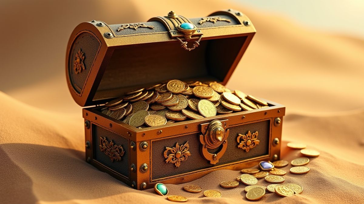 Cofre del tesoro lleno de monedas y joyas en el desierto.