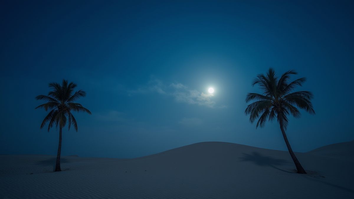 Desierto iluminado por la luna con dunas y palmeras.