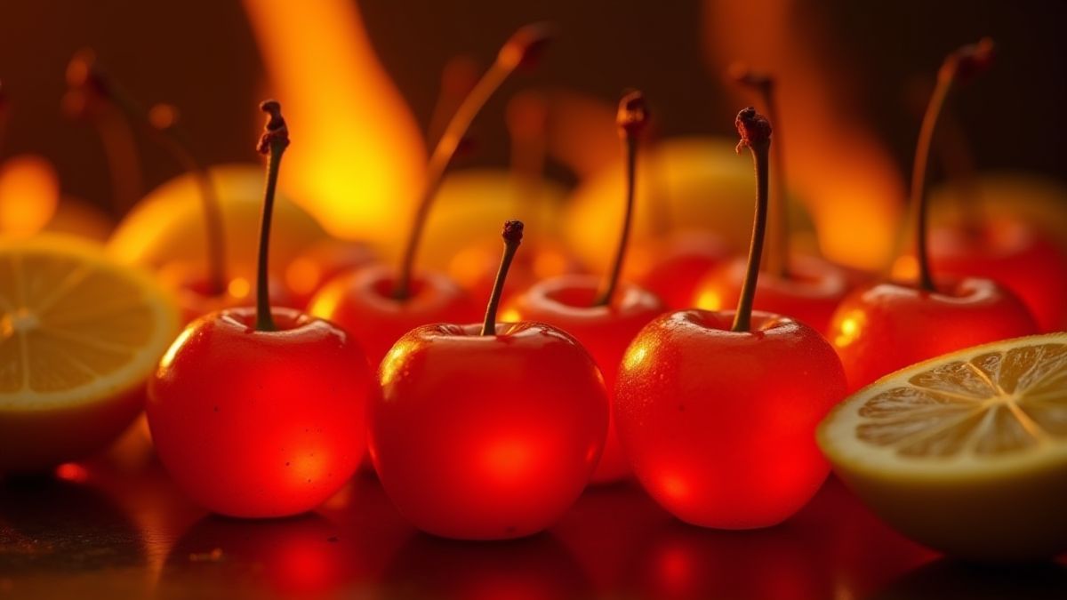 Frutas brilhantes como cerejas e limões com chamas de fundo.