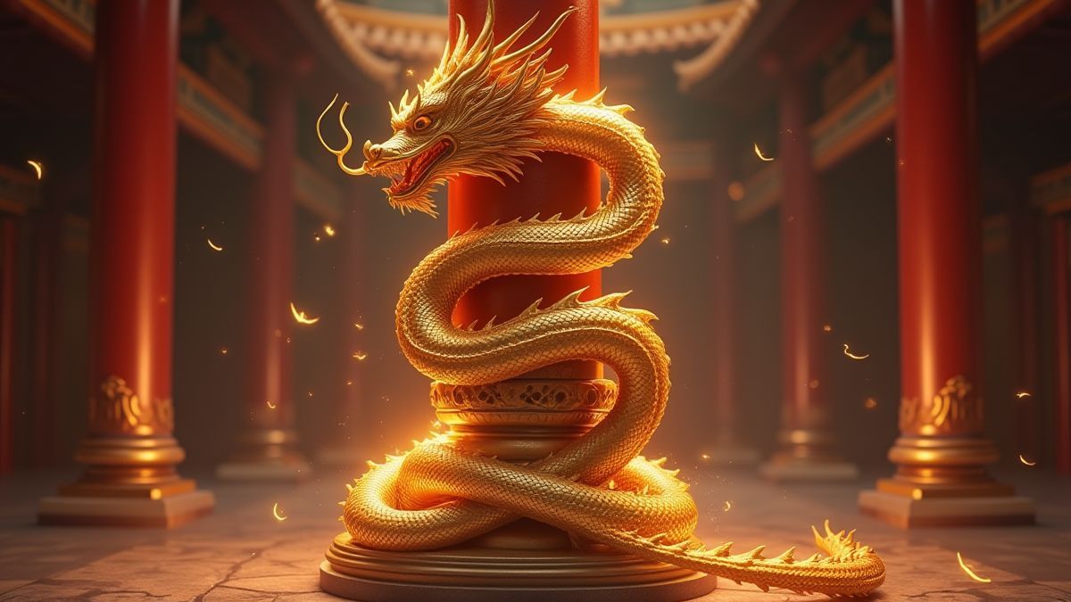 Dragón dorado envuelto en una columna con símbolos místicos.