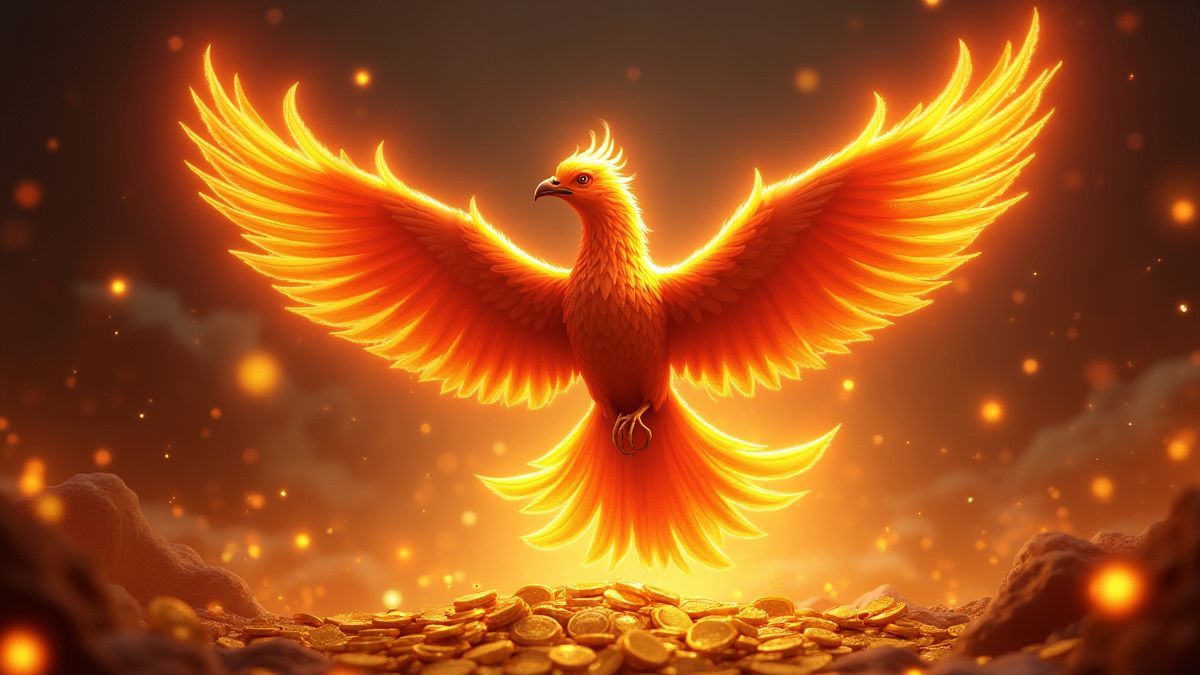 Fénix místico volando sobre monedas doradas y símbolos brillantes.
