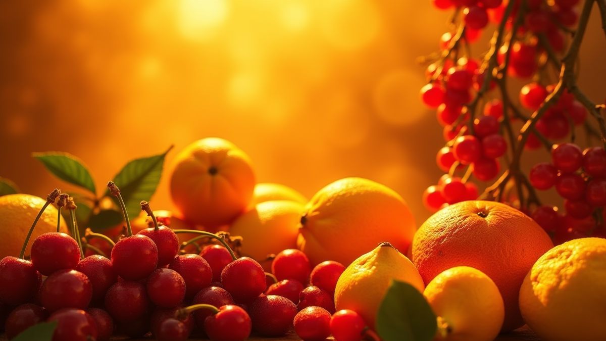 Levendige vruchten zoals kersen, citroenen en druiven die stralen onder een gouden licht.