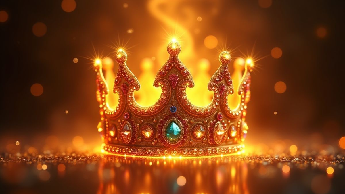 Joyas brillantes rodeadas de un aura de fuego y una corona dorada.