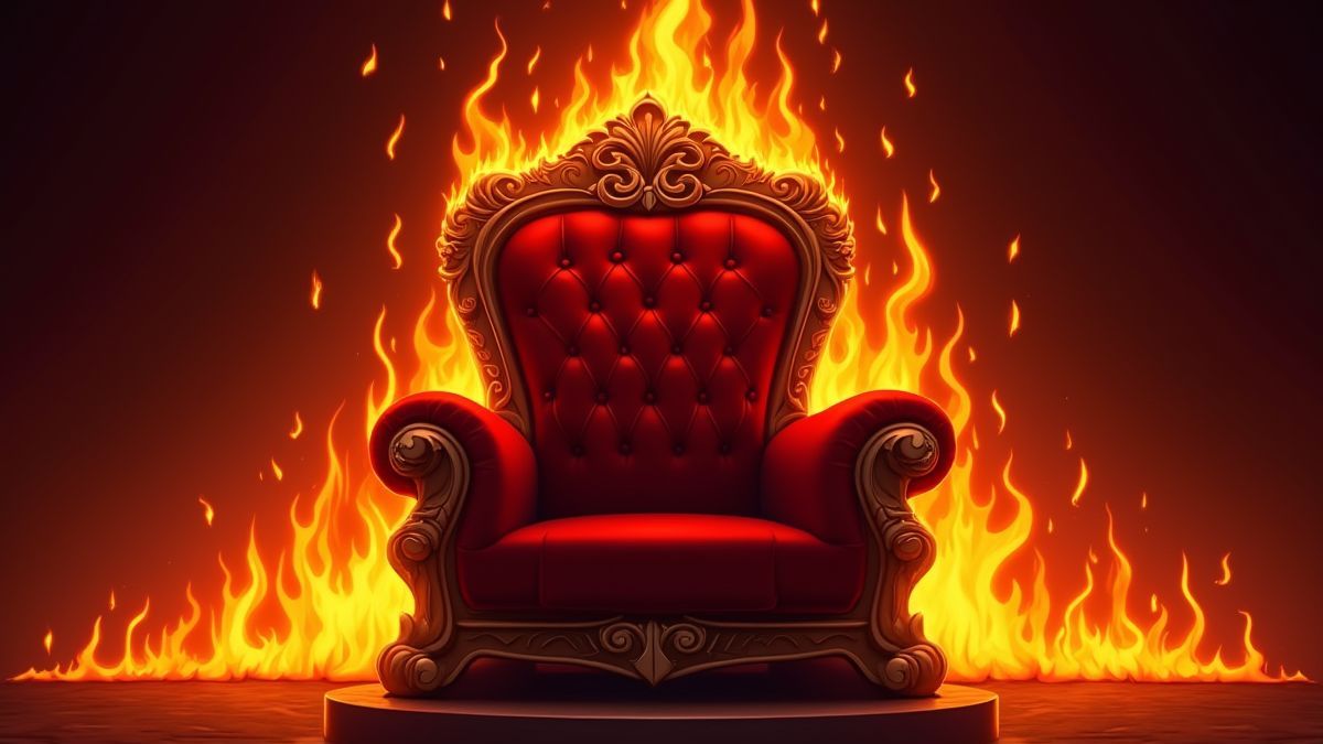 Un trono real rodeado de llamas, simbolizando lujo y fuego.