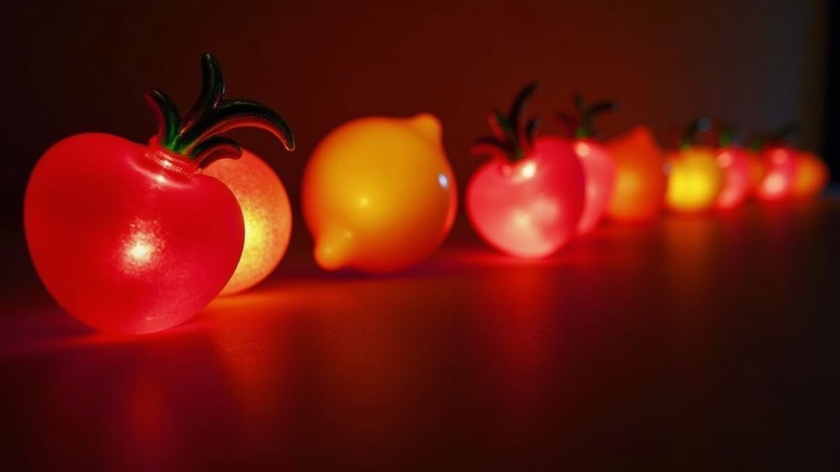 Symboles de fruits brillants comme des cerises et des citrons sur un fond sombre.