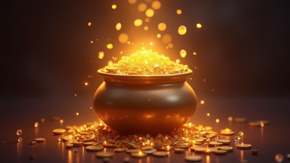 Goldtopf voller Diamanten und Münzen