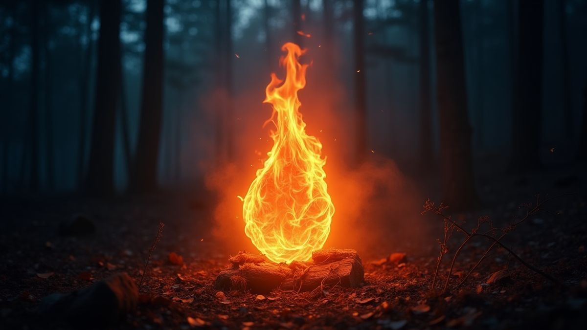 Bright fire symbol in a dark magical forest.