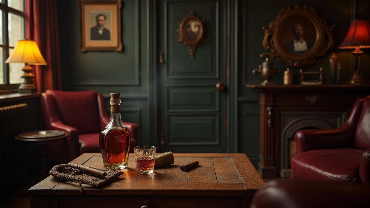 Una sala llena de humo con muebles vintage y accesorios de mafia, como puros y whisky.