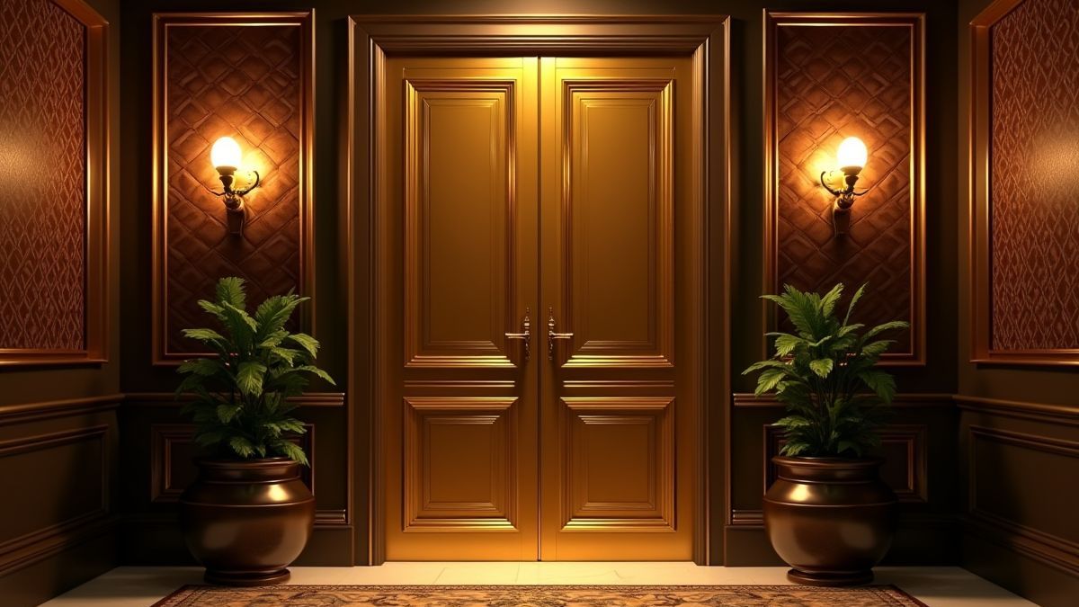 Una puerta VIP dorada con decoraciones temáticas de la mafia.