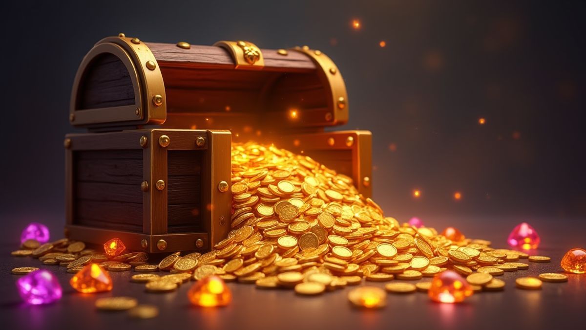 Un cofre del tesoro lleno de monedas y gemas brillantes.