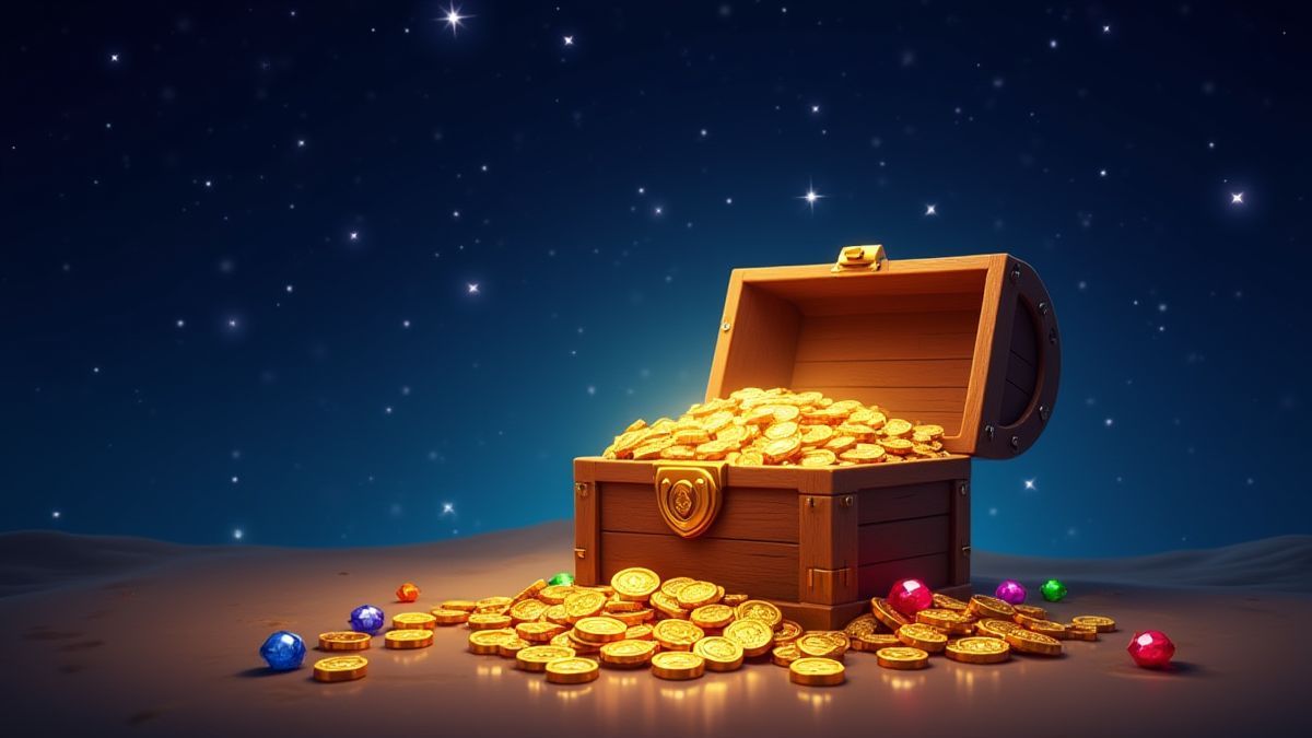 Cofre do tesouro cheio de moedas de ouro e gemas brilhantes sob um céu estrelado.