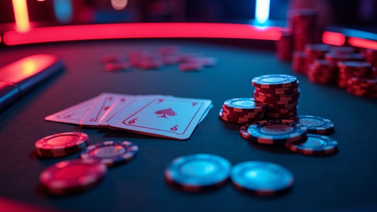 Animierter Pokertisch beleuchtet unter Neonlichtern.