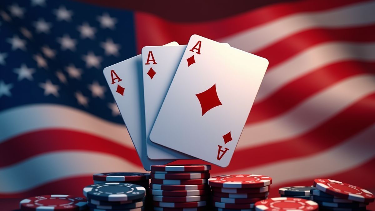 Animierte amerikanische Flagge hinter Pokerkarten und -chips.