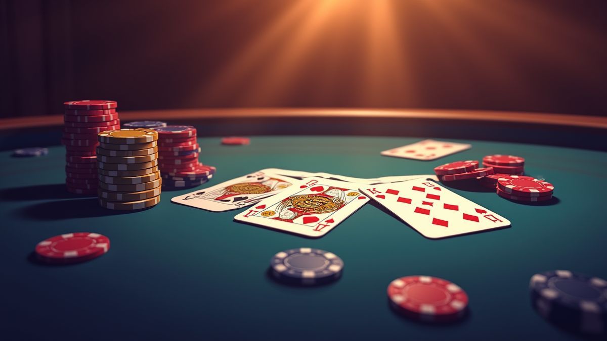 Mesa de pôquer com fichas e cartas sob iluminação suave.