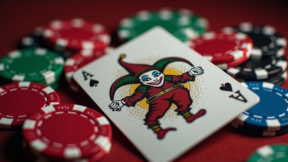 Een jokerkaart omringd door pokerchips in een kleurrijke casinoomgeving.