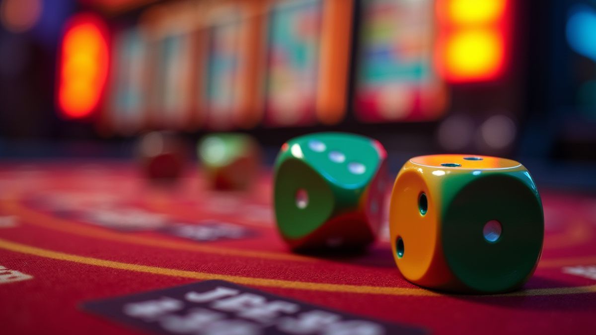 Colorful dice on a casino table next to a glowing jackpot board.
