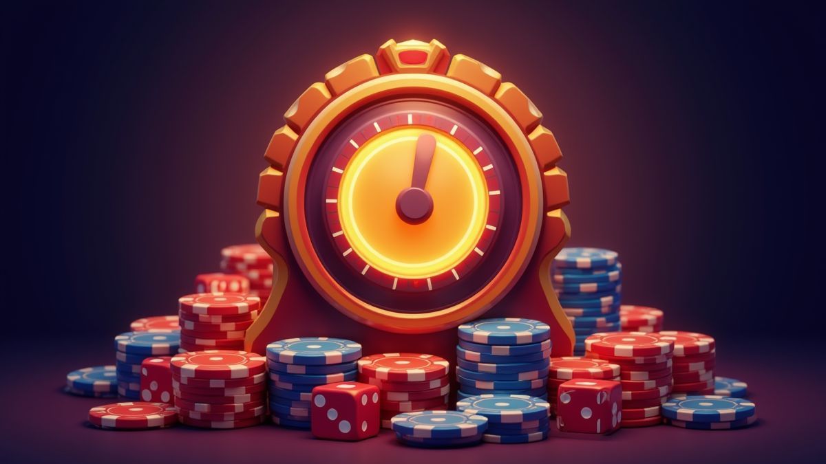 Glowing jackpot meter surrounded by casino chips and dice.