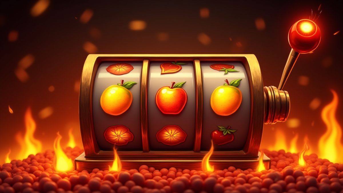 Machine à sous classique avec des symboles de fruits resplendissants entourés de flammes.