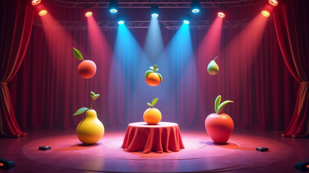 Escenario de circo con frutas haciendo malabares.