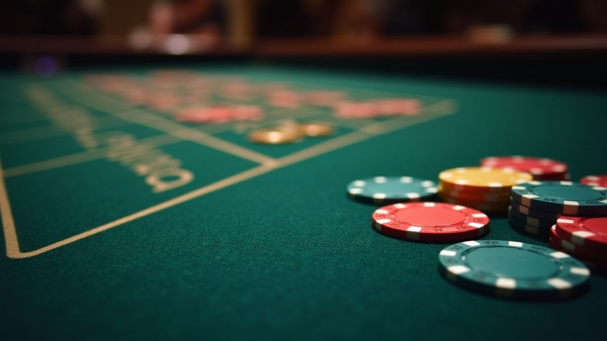 Casino table with scattered coins and betting chips.