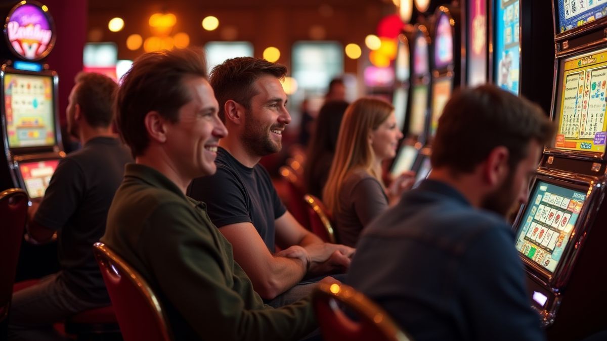 People enjoying retro-themed slots in a casino.